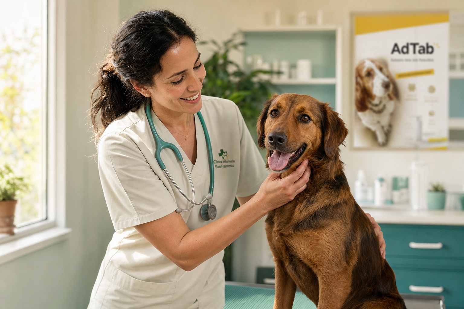 Veterinaria che visita un cane in clinica luminosa con poster AdTab