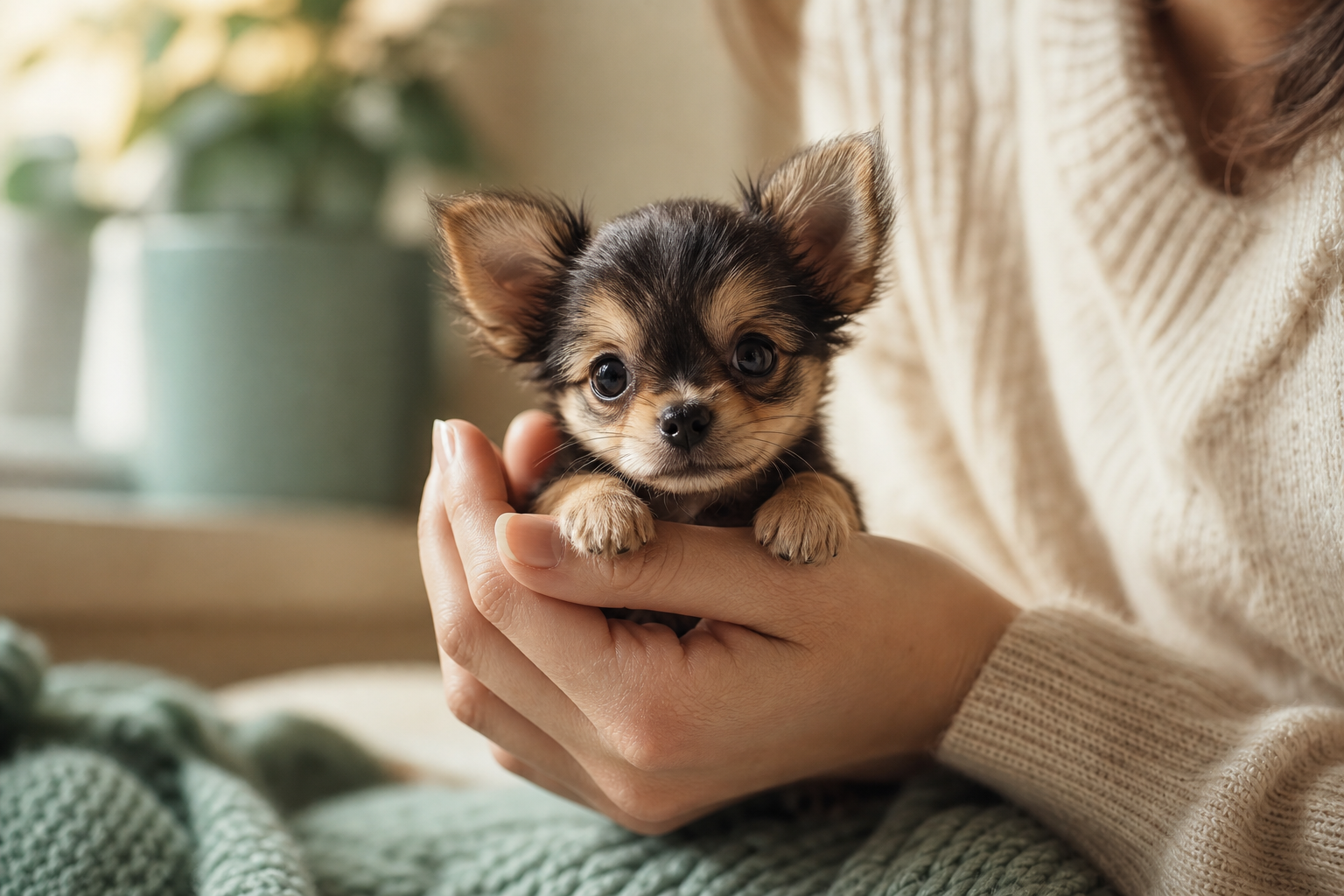 Cucciolo di piccola taglia tenuto delicatamente tra le mani