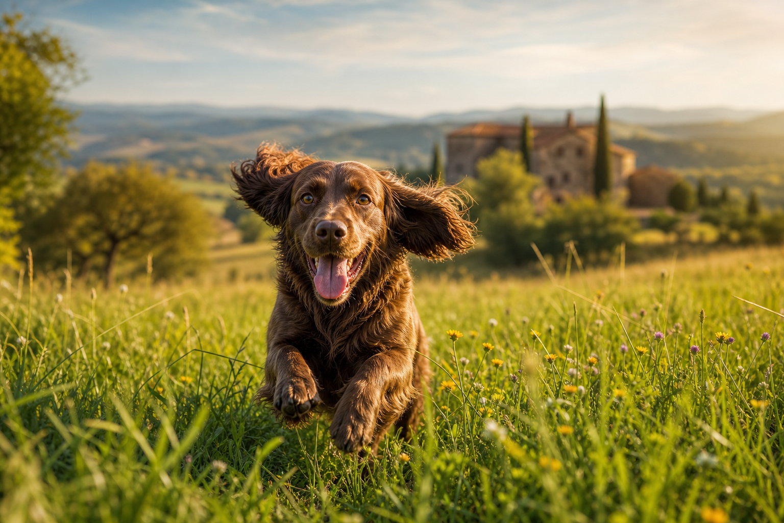 Cane di taglia media che corre felice in un campo italiano
