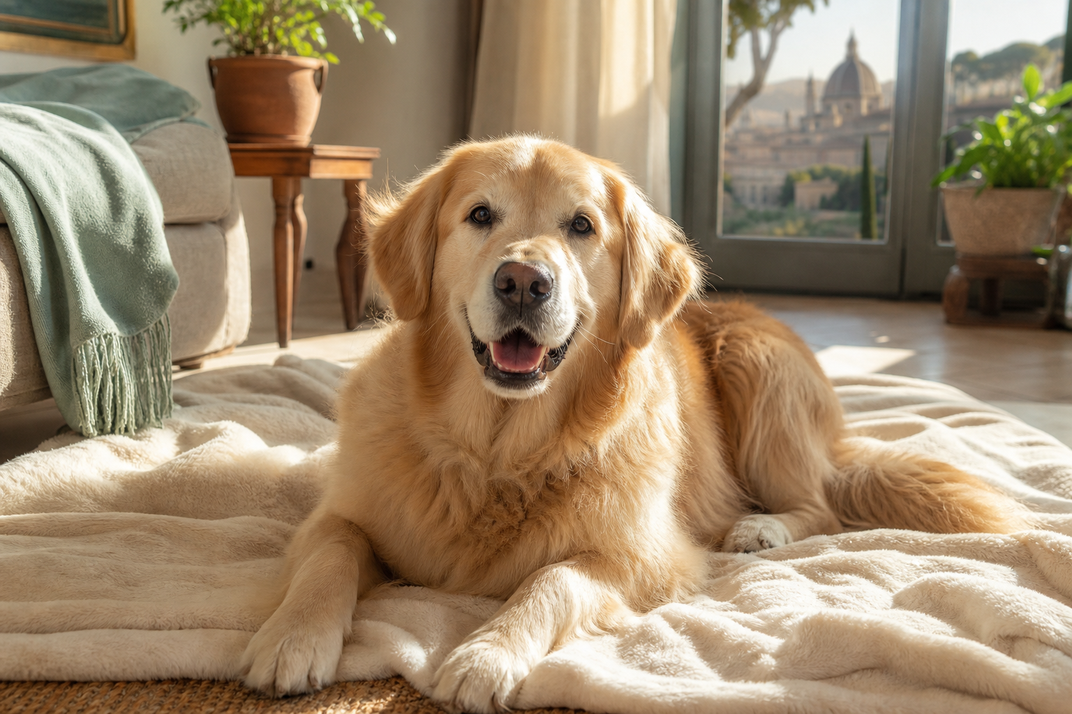 Cane grande disteso sereno su una coperta in una casa italiana