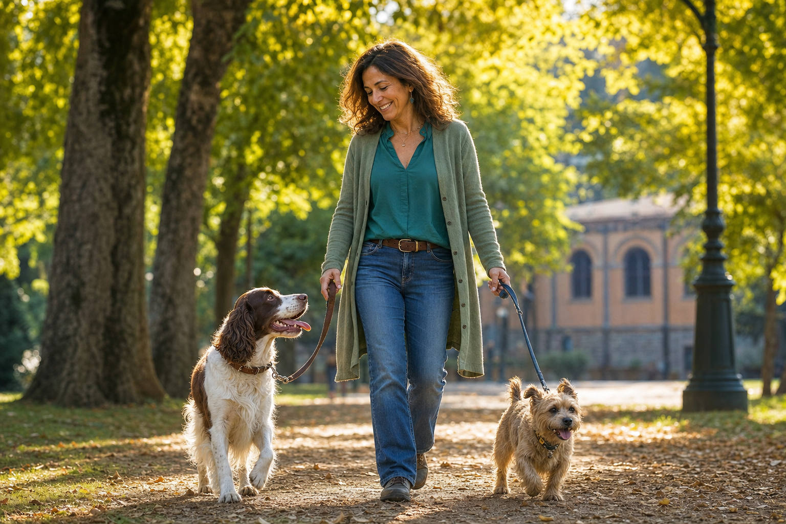 Proprietaria a passeggio con due cani in un parco italiano